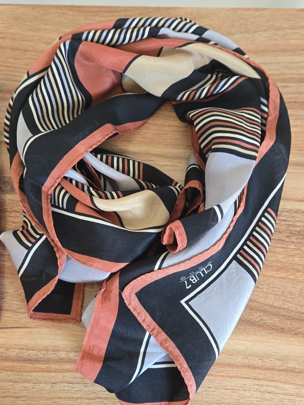 VTG Club 7 Echo Silk Scarf, Rust Grey Amd Black Geometeric Vintage Square
